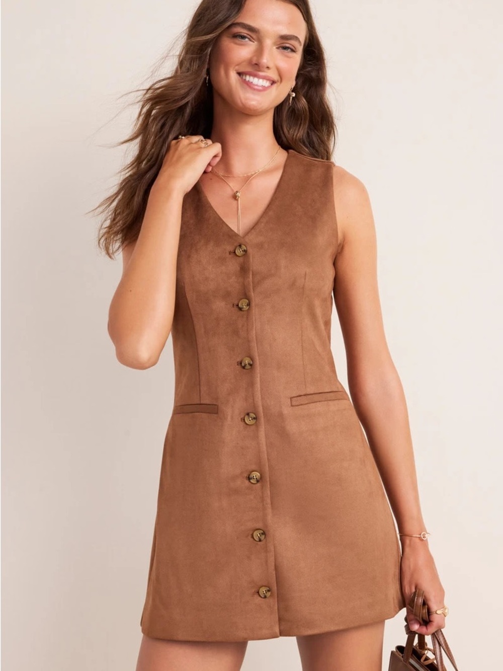 Francesca's Collections Brown Suede-Effect Button Front Mini Dress